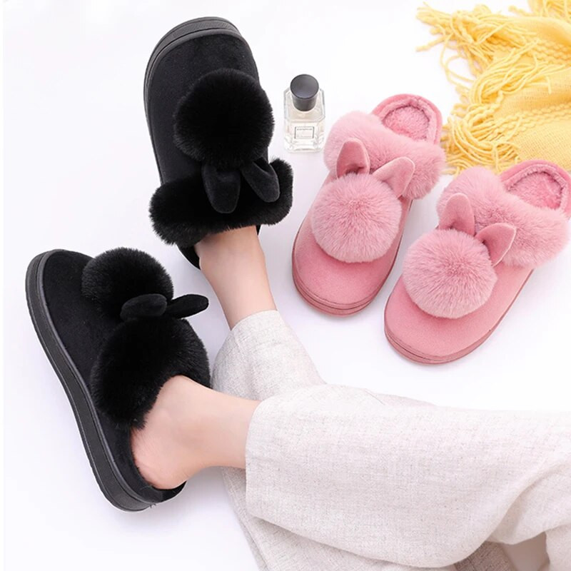 Laisvalaikio moteriškos minkštos batai Pūkuoti namų batai Moteriški, šilti žieminiai šlepetės Mielos triušio ausys Moteriškos pūkuotos pliušinės šlepetės namuose patalpose