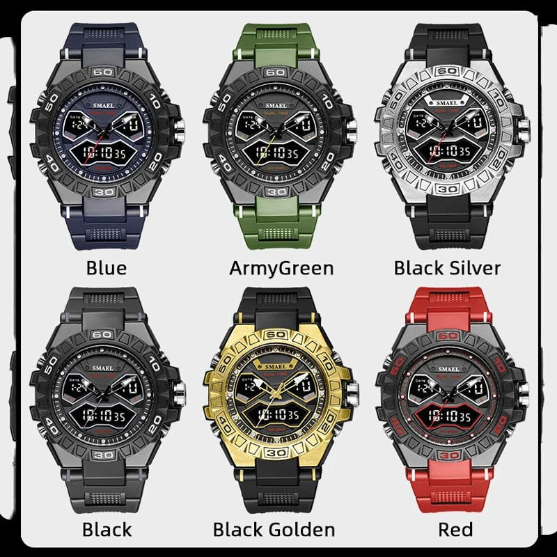 SMAEL sportiniai vyriški laikrodžiai Prabangūs karinis kvarcinis skaitmeninis laikrodis, atsparus smūgiams, vandeniui atsparus LED elektroninis dviejų ekranų rankinis laikrodis, vyriškas