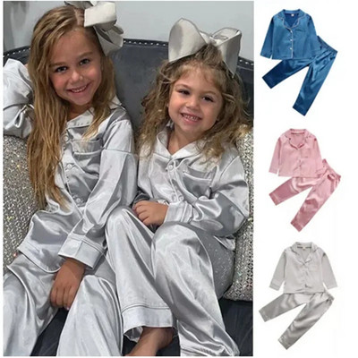 2 buc. Pijamale pentru bebeluși băieți și fetițe, pantaloni de sus din satin de mătase, cu mânecă lungă, pijamale solide cu nasturi, set din satin Cămașă de noapte Lenjerie de noapte pentru copii