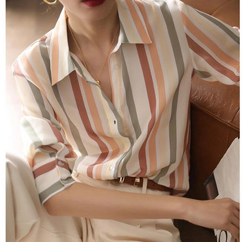 2023 Пролет Есен Нова модна раирана поло яка Риза с дълъг ръкав Дамска корейска стилна елегантна универсална блуза с контрастни цветове