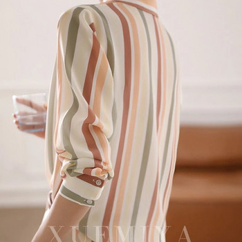 2023 Пролет Есен Нова модна раирана поло яка Риза с дълъг ръкав Дамска корейска стилна елегантна универсална блуза с контрастни цветове