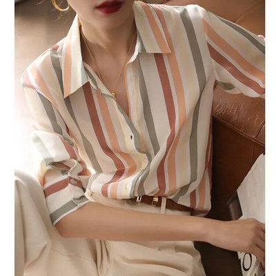 2023, primăvară toamnă, modă nouă, în dungi, cu guler POLO, cămașă cu mânecă lungă pentru femei, stil coreean, elegantă, culoare contrastantă, bluză perfectă