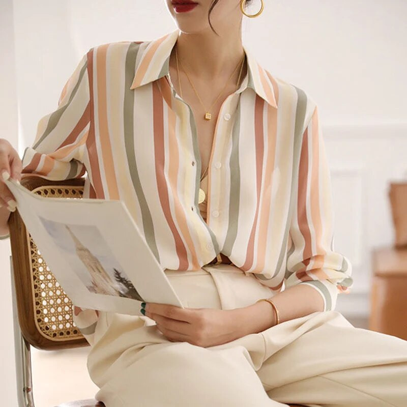2023, primăvară toamnă, modă nouă, în dungi, cu guler POLO, cămașă cu mânecă lungă pentru femei, stil coreean, elegantă, culoare contrastantă, bluză perfectă