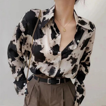 Ризи с копчета с кравешки принт Дамски пролетни горнища с големи размери Корейски модни дрехи Шифон Streetwear Блуза с дълъг ръкав Ново 13486
