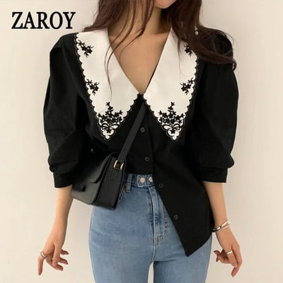 ZAROY camisas قمصان وبلوزات Κομψό κέντημα δαντέλα Γυναικεία μπλούζα λουλούδι με μισό μανίκι Λευκό πουκάμισο Άνοιξη φθινόπωρο Γυναικείο τοπ