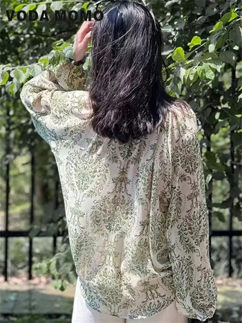 2023 Summer V λαιμόκοψη μανίκι φανάρι Φαρδιά μπλούζες πουκάμισα τοπ Vintage Boho floral print σιφόν πουκάμισα Γυναικεία αντηλιακά πουκάμισα