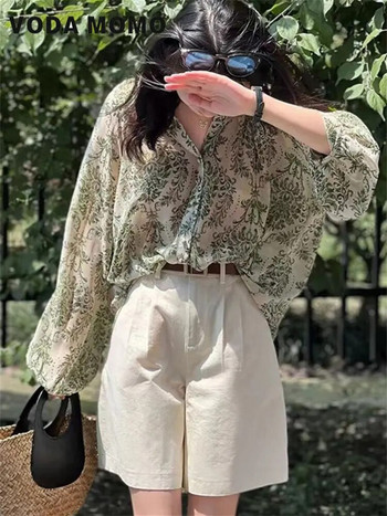 2023 Summer V λαιμόκοψη μανίκι φανάρι Φαρδιά μπλούζες πουκάμισα τοπ Vintage Boho floral print σιφόν πουκάμισα Γυναικεία αντηλιακά πουκάμισα