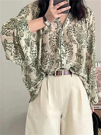 2023 m. vasaros V kaklo žibintuvėlis rankovėmis palaidos palaidinės Marškiniai Viršutiniai vintage Boho gėlėmis marginti šifoniniai marškiniai Moteriški marškiniai nuo saulės