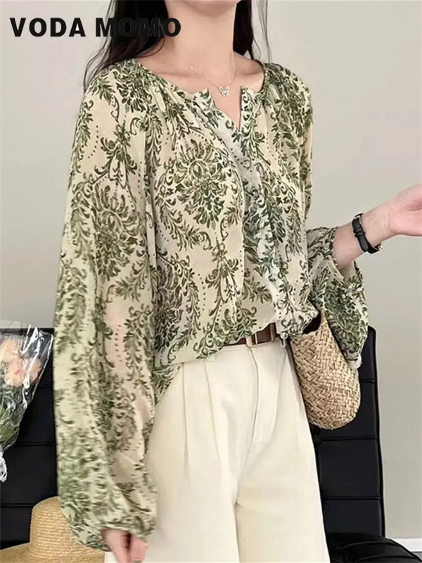 2023 m. vasaros V kaklo žibintuvėlis rankovėmis palaidos palaidinės Marškiniai Viršutiniai vintage Boho gėlėmis marginti šifoniniai marškiniai Moteriški marškiniai nuo saulės