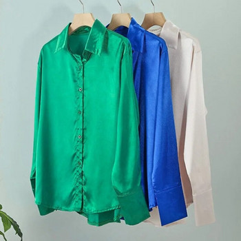 Елегантни сатенени блузи с дълъг ръкав Дамски 2023 г. Ретро синьо-зелена копринена риза Дамски ежедневни свободни дамски ризи с копчета Топове 21066