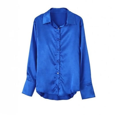 Κομψές σατέν μακρυμάνικές μπλούζες Γυναικείες 2023 Vintage Μπλε Πράσινο Μεταξωτό Πουκάμισο Γυναικείο Γυναικείο πουκάμισο με χαλαρά κουμπιά τοπ 21066