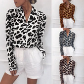 Bluză din șifon cu mânecă lungă Bluză sexy cu imprimeu leopard cu guler răsturnat Cămașă de birou pentru doamnă Tunica Casual Topuri largi supradimensionate