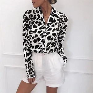 Bluză din șifon cu mânecă lungă Bluză sexy cu imprimeu leopard cu guler răsturnat Cămașă de birou pentru doamnă Tunica Casual Topuri largi supradimensionate