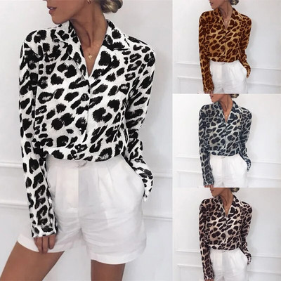 Шифонена блуза с дълъг ръкав, секси блуза с леопардов принт, дамска офис риза, туника, ежедневни широки топове
