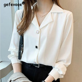 Pavasario vasaros biuro moteriški elegantiški madingi šifoniniai marškinėliai ilgomis rankovėmis, moteriški atvartai, temperamentas, tinkanti palaidinė, moteriškas megztinis