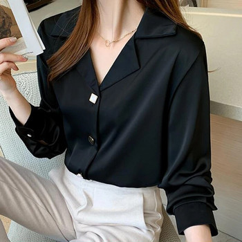 Пролетно лято Офис дама Елегантна модна шифонена риза с дълъг ръкав Дамска универсална блуза с ревери Дамска горна жилетка