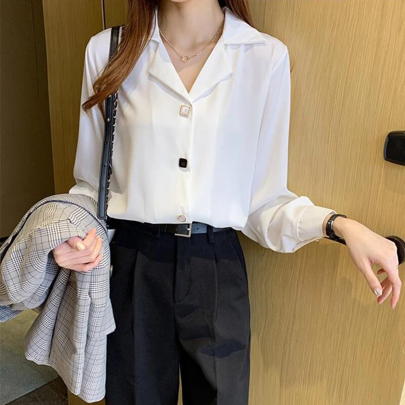 Pavasario vasaros biuro moteriški elegantiški madingi šifoniniai marškinėliai ilgomis rankovėmis, moteriški atvartai, temperamentas, tinkanti palaidinė, moteriškas megztinis