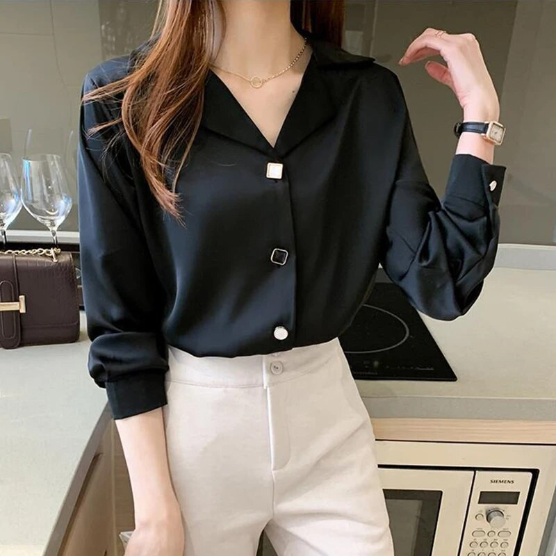 Pavasario vasaros biuro moteriški elegantiški madingi šifoniniai marškinėliai ilgomis rankovėmis, moteriški atvartai, temperamentas, tinkanti palaidinė, moteriškas megztinis