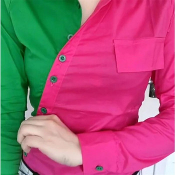 Шикозни блузи с коси ленти и съвпадащи цветове Дамска риза с ревери и дълъг ръкав Patchwork Color Contrast Женска риза Blusa