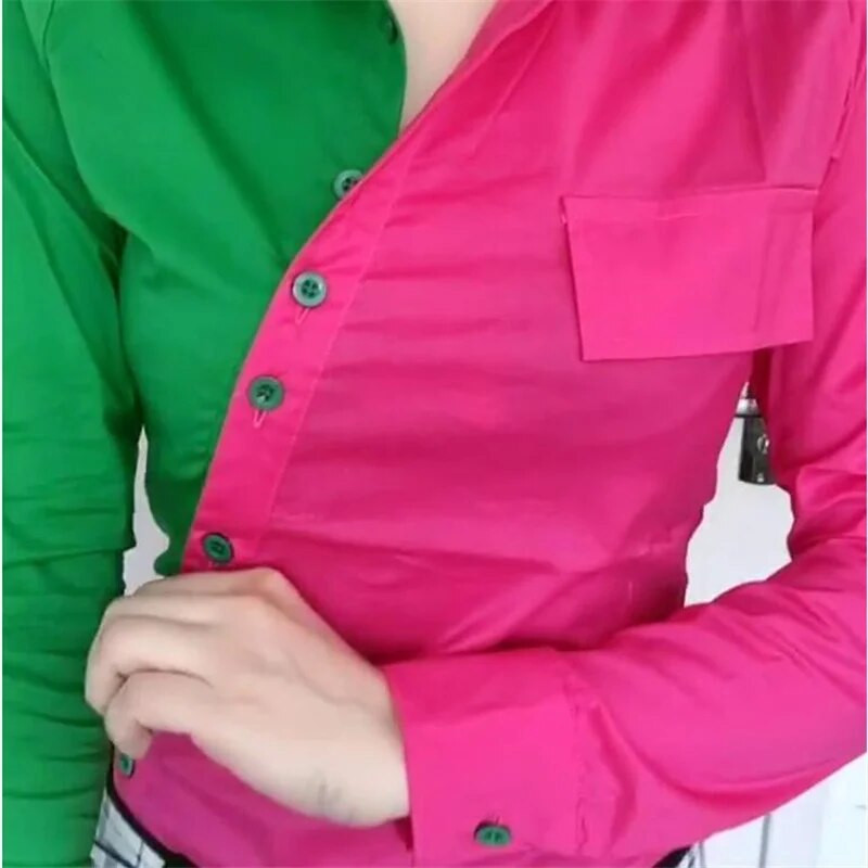 Kaldus Placket Chic Värvus Sobivad pluusid Naiste särk Revääridega pikkade varrukatega Patchwork Värv Kontrast Tänavarõivad Naiste bluussärk