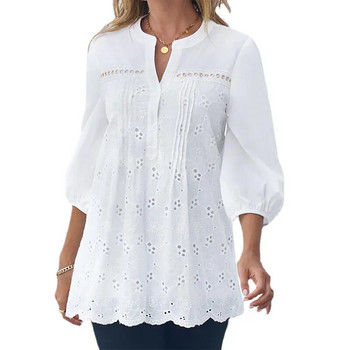 Καλοκαιρινά Γυναικεία Ρούχα Ολόσωμο Λευκό πουλόβερ με λαιμόκοψη V με κούφιο έξω πουλόβερ με μανίκια 9 πόντους Δαντέλα Λεπτό κομψό πουκάμισο τουνίκ