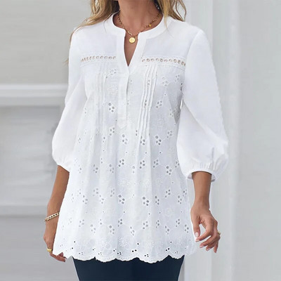 Ljetna odjeća za žene Kompletan bijeli pulover s V-izrezom, izdubljeni pulover, bluza s rukavima na devet točaka, čipkana tanka, elegantna košulja, tunika