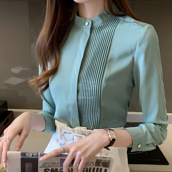 Шифонена блуза с дълги ръкави Риза Топове Блуза Дамски Blusas Mujer De Moda 2023 Офис блуза с яка и стойка Дамски блузи Blusa E225
