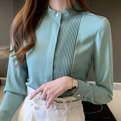 Шифонена блуза с дълги ръкави Риза Топове Блуза Дамски Blusas Mujer De Moda 2023 Офис блуза с яка и стойка Дамски блузи Blusa E225