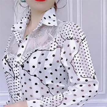 Модерно улично облекло Offce Дамски блузи Hot drill Мрежести шифонени ризи с дълъг ръкав Копчета с ревери Женски блузи Ежедневни ризи
