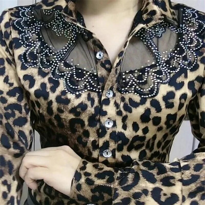 Madingi gatvių drabužiai biure Moteriškos palaidinės Karštas gręžimas Tinklinis šifonas Marškiniai ilgomis rankovėmis Sagos Moteriški Blusas Viršūnės Laisvalaikio marškiniai