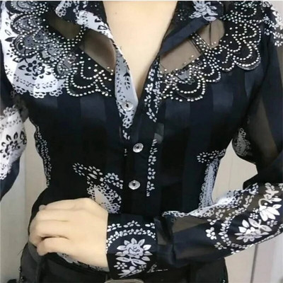 Madingi gatvių drabužiai biure Moteriškos palaidinės Karštas gręžimas Tinklinis šifonas Marškiniai ilgomis rankovėmis Sagos Moteriški Blusas Viršūnės Laisvalaikio marškiniai