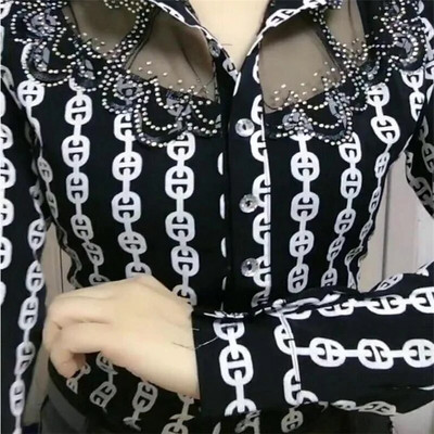 Madingi gatvių drabužiai biure Moteriškos palaidinės Karštas gręžimas Tinklinis šifonas Marškiniai ilgomis rankovėmis Sagos Moteriški Blusas Viršūnės Laisvalaikio marškiniai