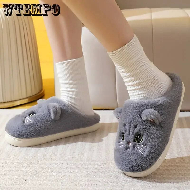 WTEMPO Mielos katės šlepetės Pūkuotus kailinius moteriškus namų šlepetės Vyriškos žieminės pliušinės šlepetės Vidaus neaiškios šlepetės Puikūs medvilniniai batai
