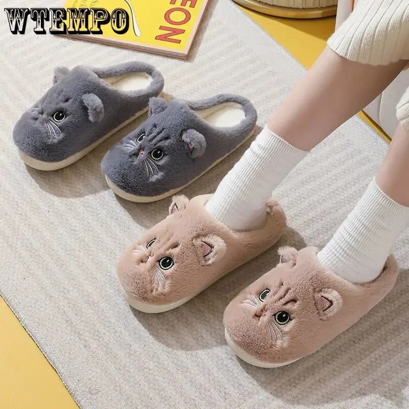 WTEMPO Mielos katės šlepetės Pūkuotus kailinius moteriškus namų šlepetės Vyriškos žieminės pliušinės šlepetės Vidaus neaiškios šlepetės Puikūs medvilniniai batai