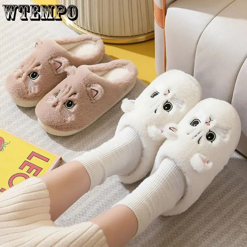 WTEMPO Mielos katės šlepetės Pūkuotus kailinius moteriškus namų šlepetės Vyriškos žieminės pliušinės šlepetės Vidaus neaiškios šlepetės Puikūs medvilniniai batai