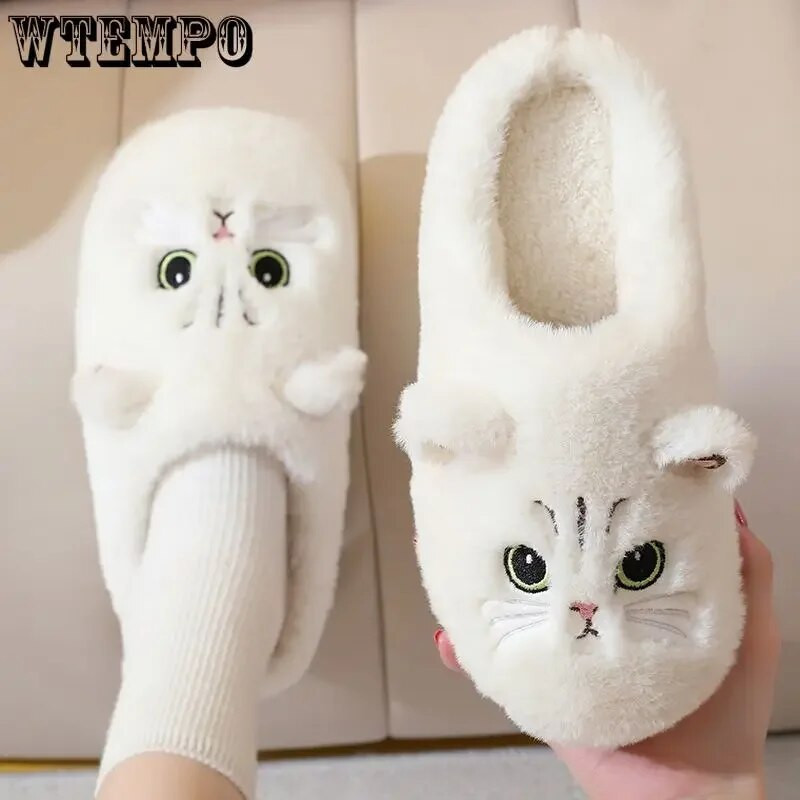 WTEMPO Mielos katės šlepetės Pūkuotus kailinius moteriškus namų šlepetės Vyriškos žieminės pliušinės šlepetės Vidaus neaiškios šlepetės Puikūs medvilniniai batai