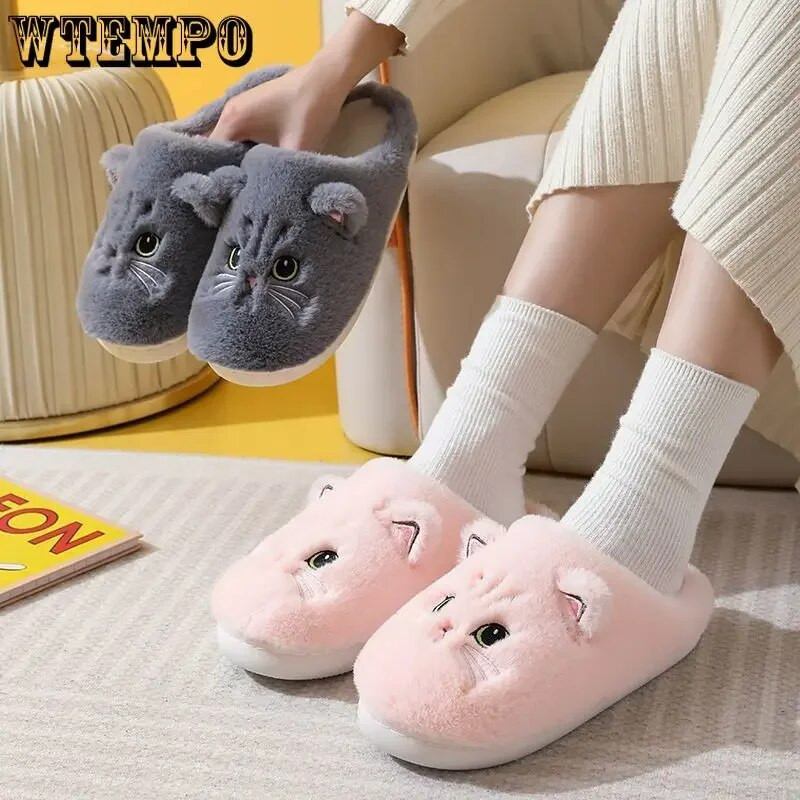 WTEMPO Mielos katės šlepetės Pūkuotus kailinius moteriškus namų šlepetės Vyriškos žieminės pliušinės šlepetės Vidaus neaiškios šlepetės Puikūs medvilniniai batai