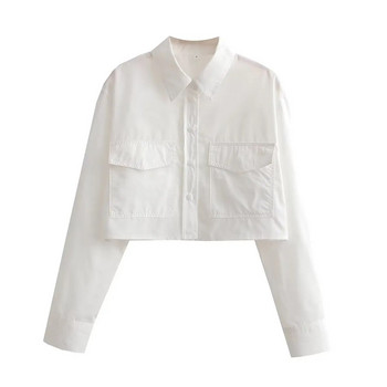 TRAF Съкратена бяла риза Дамска риза с джобове и копчета Дамски извънгабаритни ризи и блузи за жени Дамски изрязан топ с дълъг ръкав