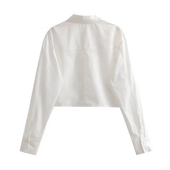 TRAF Cropped λευκό πουκάμισο Γυναικείο πουκάμισο με τσέπες επάνω Γυναικείο πουκάμισο υπερμεγέθη και μπλούζες για γυναίκες με μακρυμάνικο Crop γυναικείο μπλουζάκι