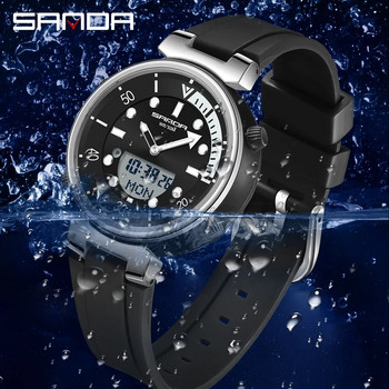 SANDA Нов моден мъжки кварцов часовник с електронен дисплей Светещ LED Trend Мъжки часовници 50M Водоустойчив Reloj Hombre 3122