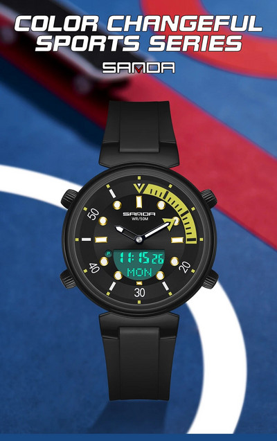SANDA Нов моден мъжки кварцов часовник с електронен дисплей Светещ LED Trend Мъжки часовници 50M Водоустойчив Reloj Hombre 3122