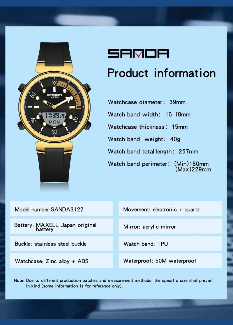 SANDA Ceas de cuarț pentru bărbați, la modă nouă, cu afișaj electronic, cu LED-uri luminoase, la tendință, ceasuri pentru bărbați, 50 m, rezistent la apă, ceas pentru bărbați 3122