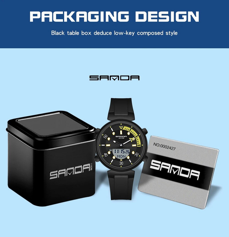 SANDA Ceas de cuarț pentru bărbați, la modă nouă, cu afișaj electronic, cu LED-uri luminoase, la tendință, ceasuri pentru bărbați, 50 m, rezistent la apă, ceas pentru bărbați 3122