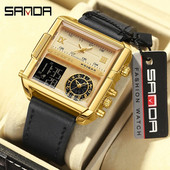 SANDA aukščiausios klasės prabangus auksinis ciferblatas daugiafunkcis elektroninis chronografas vyriškas laikrodis Odinis vandeniui atsparus laikrodis Relogio Masculino