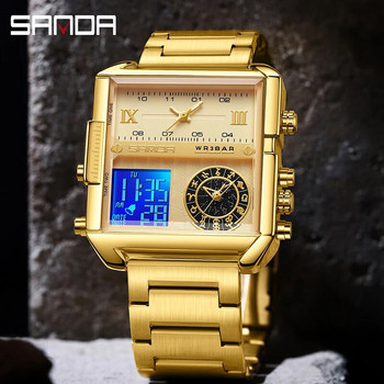 SANDA Κορυφαία επωνυμία Luxury Gold Dial Πολυλειτουργικός ηλεκτρονικός ανδρικός χρονογράφος ρολόι Δερμάτινο αδιάβροχο ρολόι Relogio Masculino