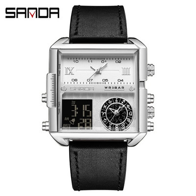 SANDA aukščiausios klasės prabangus auksinis ciferblatas daugiafunkcis elektroninis chronografas vyriškas laikrodis Odinis vandeniui atsparus laikrodis Relogio Masculino