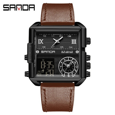 SANDA aukščiausios klasės prabangus auksinis ciferblatas daugiafunkcis elektroninis chronografas vyriškas laikrodis Odinis vandeniui atsparus laikrodis Relogio Masculino