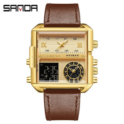 SANDA aukščiausios klasės prabangus auksinis ciferblatas daugiafunkcis elektroninis chronografas vyriškas laikrodis Odinis vandeniui atsparus laikrodis Relogio Masculino
