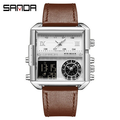 SANDA aukščiausios klasės prabangus auksinis ciferblatas daugiafunkcis elektroninis chronografas vyriškas laikrodis Odinis vandeniui atsparus laikrodis Relogio Masculino