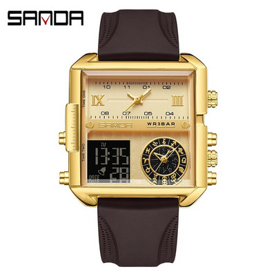 SANDA aukščiausios klasės prabangus auksinis ciferblatas daugiafunkcis elektroninis chronografas vyriškas laikrodis Odinis vandeniui atsparus laikrodis Relogio Masculino